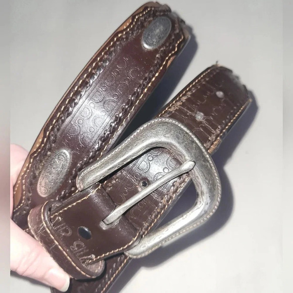 Western Brown Silver Tooled Bonded Leather Belt - Picture 1 of 7